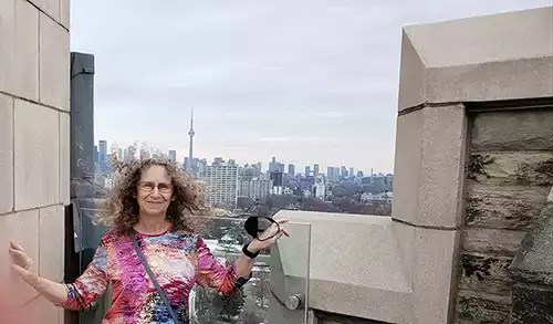 Linda Aksomitis on the Towers of Casa Loma. Photo by Kris Aksomitis.