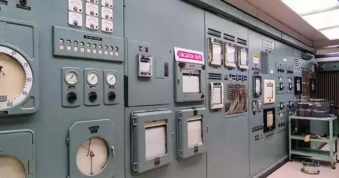 Control panels inside the nuclear reactor. 