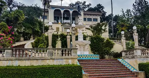 Hearst Castle staircse and statues. 