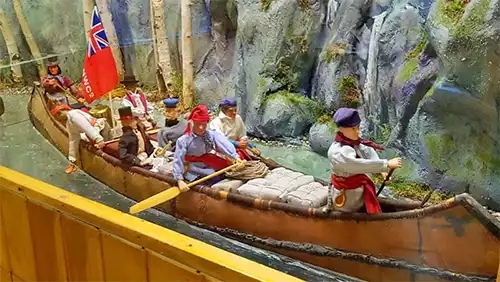 Diorama of voyageurs paddling across America on display at the Museum of the Fur Trade in Chadron, NE.