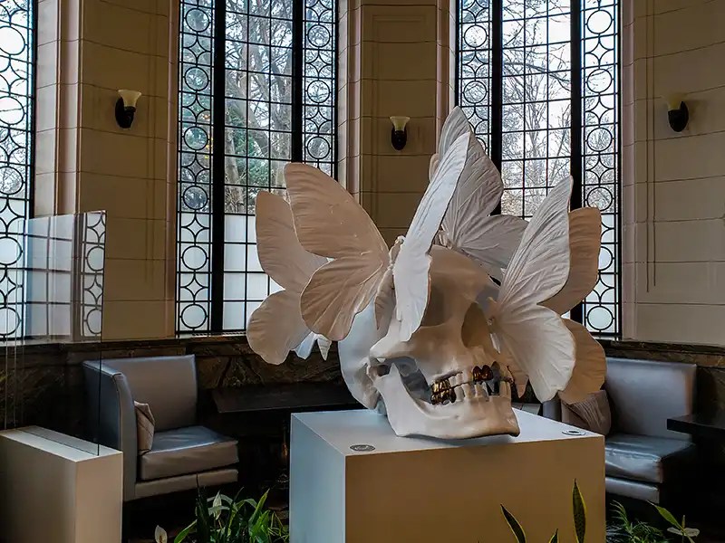 Artwork of a giant white skull with butterflies around it against a sitting area and windows.
