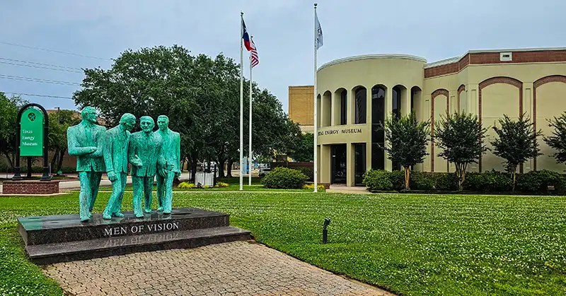 Texas Energy Museum Beaumont and statutes of Men of Vision. 