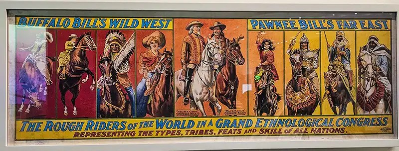 1910 poster of people competing in Buffalo Bill's Wild West Show and Pawnee Bill's Far East show. 