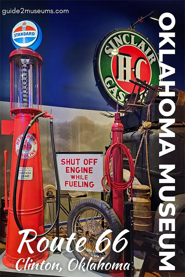 Vintage gas pumps and a Sinclair H-C Gas Station sign | #travel #route66 #Oklahoma #Clinton #museums