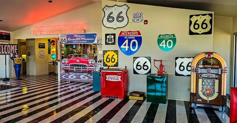 Various historic "66" and "40" signs from The Mother Road along with other Americana of the era. 