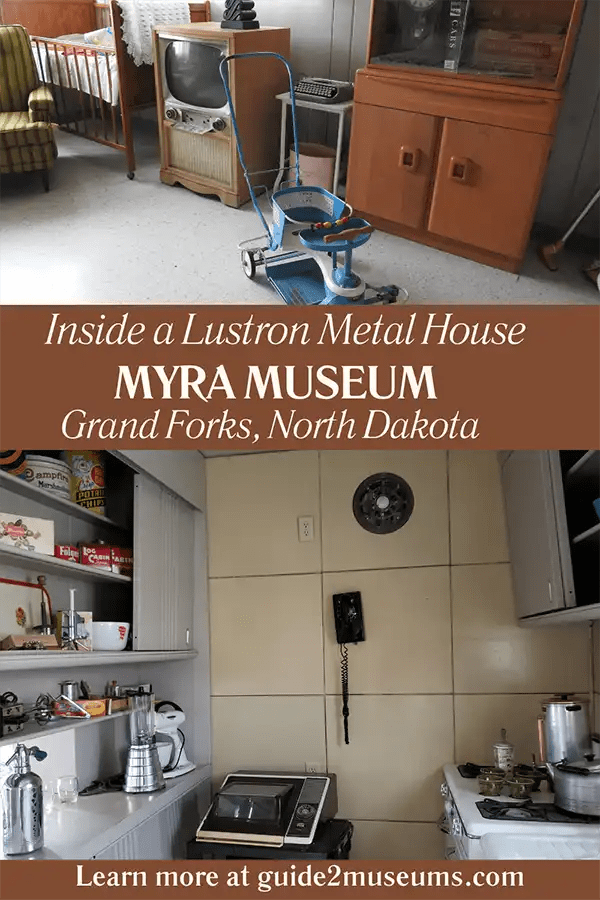 Rooms in Lustron metal house with period furnishings from early 1950s in the Myra Museum in Grand Forks, ND. The Lustron House was a metal prefabricated house built in Columbus, Ohio, and set up in Grand Forks, North Dakota. Homes were billed as the solution to a post-war housing shortage but the company went bankrupt | #museums #travel #Lustron #houses #NorthDakota #GrandForks #HeritageMuseum