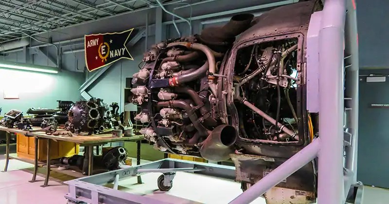 Airplane motors on display at the EAA Aviation museum. 