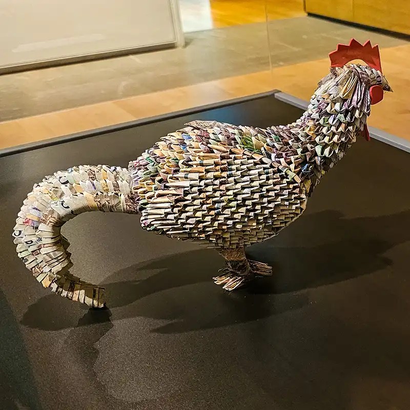 Paper Menagerie - created by Colombian craftsman and street vendor, Luis Orlando Ortega. He used Venezuelan money (worth very little) to create the sculpture.