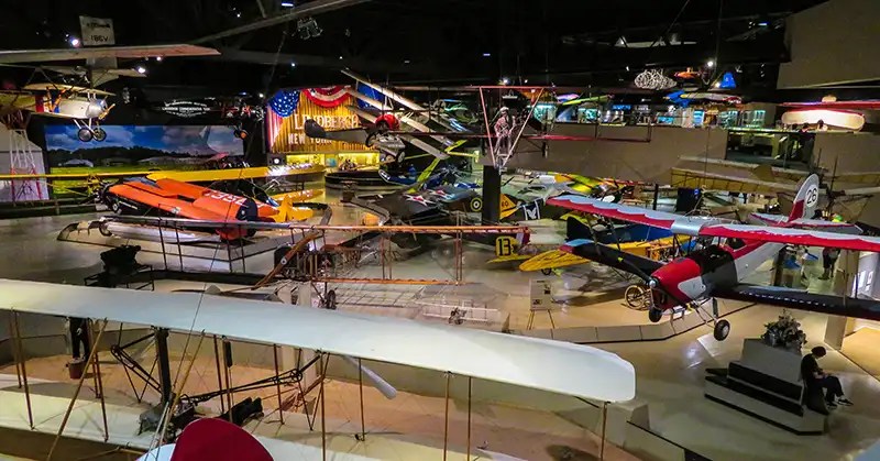 Overview of airplanes in the EAA Aviation Museum from the gallery. 