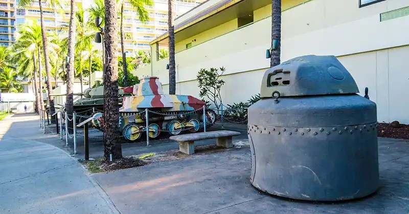 WWII pill box, Japanese light tank, and U.S. Light tank M24. 