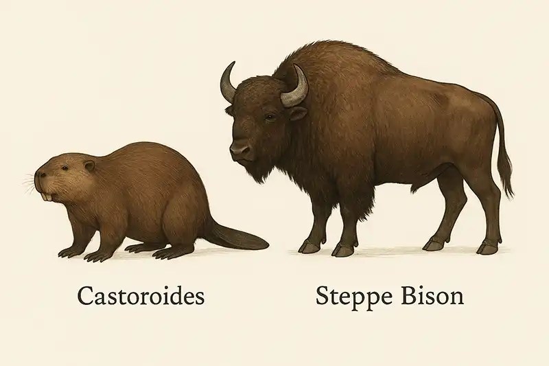 ChatGPT image showing difference in size of Ice Age giant castoroides (giant beaver) and steppe bison found in Beringia.