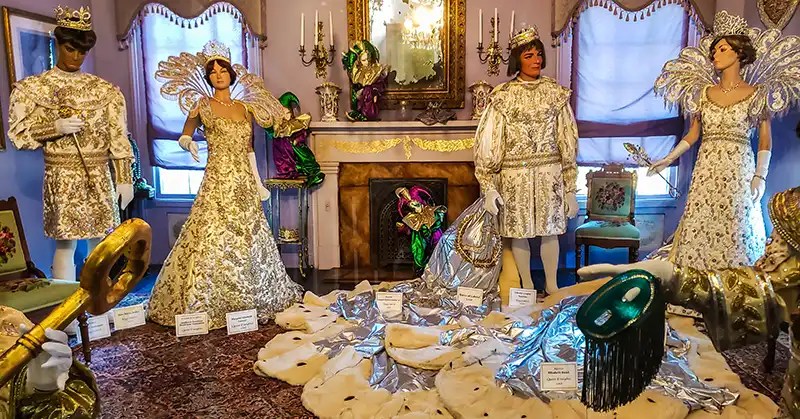 Mardi Gras costumes displayed at the Lafayette Museum in Louisiana.