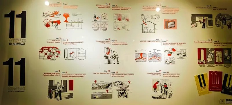 Exhibit detailing the 11 steps to survival in a nuclear attack.