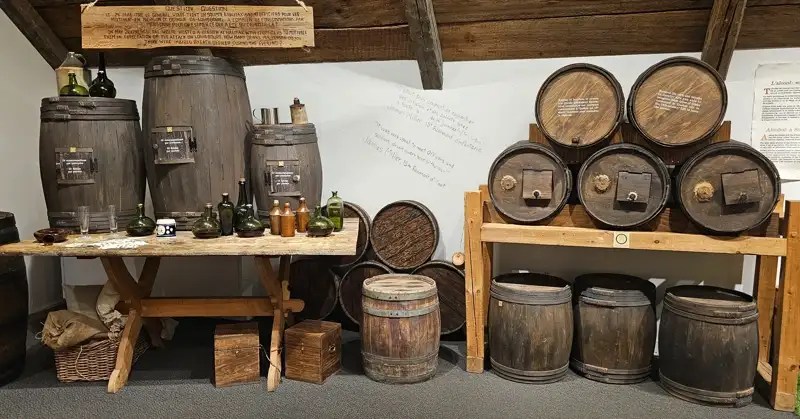 Alcohol barrels that would have been used in 1758. 