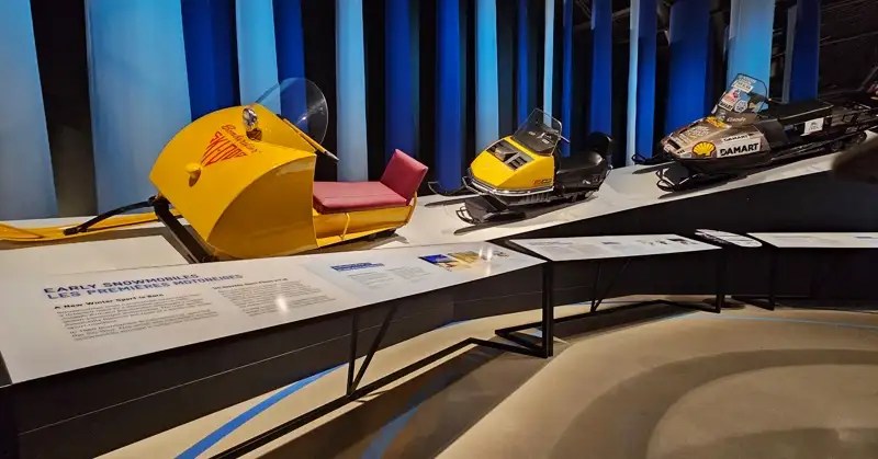 1961 Ski-Doo snowmobile; 1972 Olympique 340 Ski-Doo snowmobile; snowmobile ridden to victory by Claude Marceau, Bertrand Dufour, and Paul Perron in the 1990, 2500 km (1553 miles) Harricana Race.