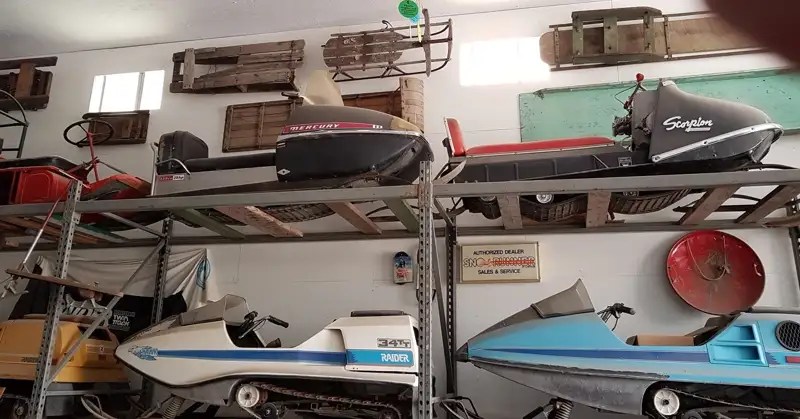 Vintage snowmobiles displayed at the Miracle of America Museum.