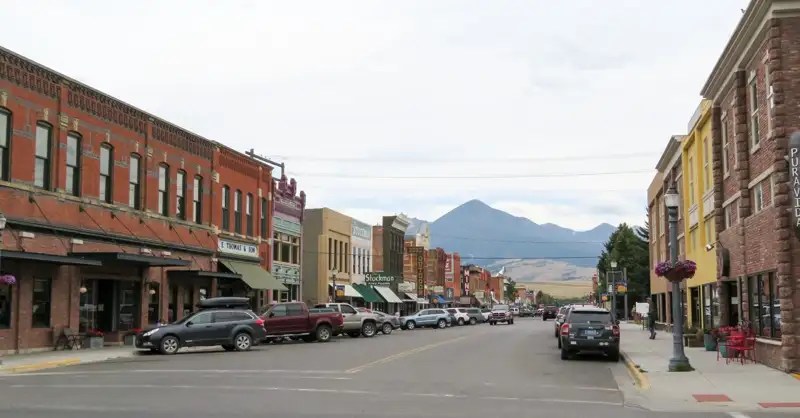 Historic buildings lining both sides of the street in the Downtown Historic District in Livingston