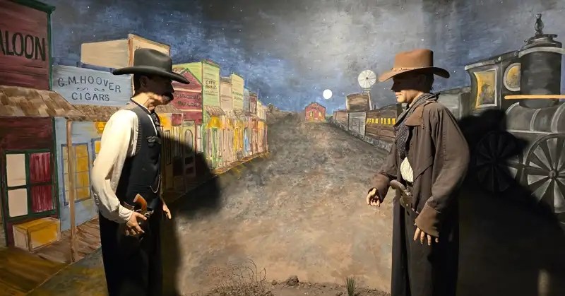 Gunfight with two outlaws painting.