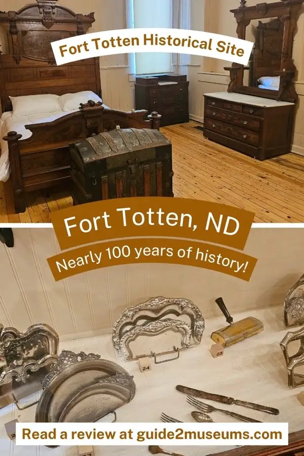 Photos of a wooden frame bed, trunk, and dresser in pic 1, with silver tea service pieces in pic 2