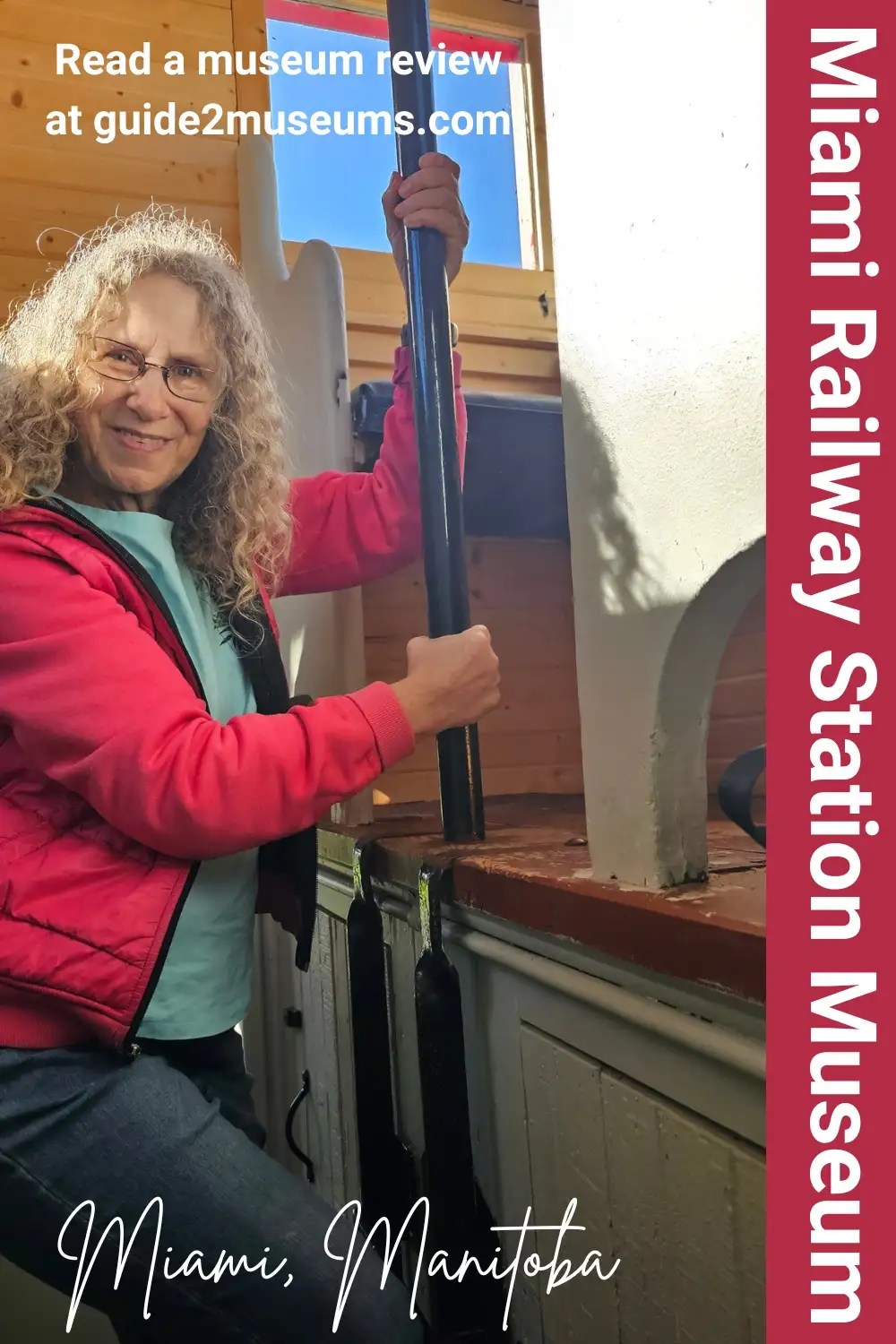 Linda Aksomitis climbing into the cupola of the caboose