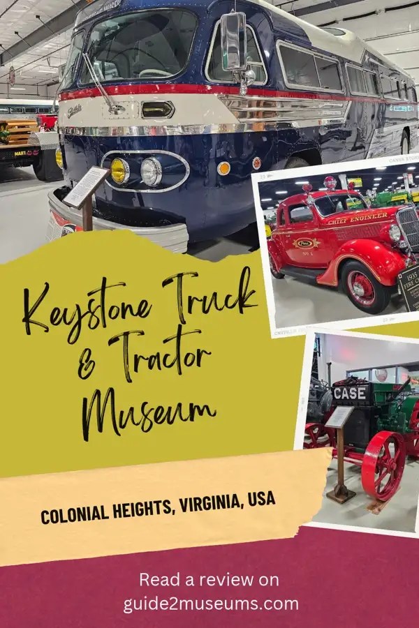 Pin with image of a vintage bus, fire truck, and CASE tractor with steel wheels. 