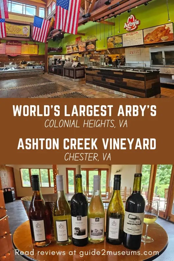Pin with two images: interior of Arby's and line-up of Ashton Creek wine bottles